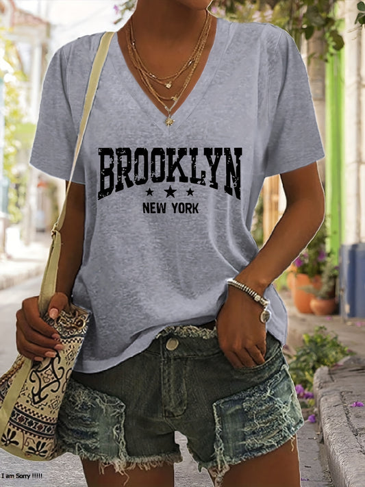 Camiseta chique Brooklyn Vibes - gola V confortável, manga curta, blusa casual feminina de verão