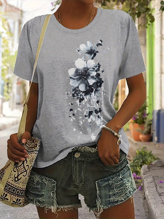 Camiseta feminina com estampa floral vintage - blusa casual macia, gola redonda, manga curta, com estampa floral preta e branca, lavável à máquina, perfeita para primavera e verão, moda diária | Camisa estilo casual | Camiseta feminina elástica