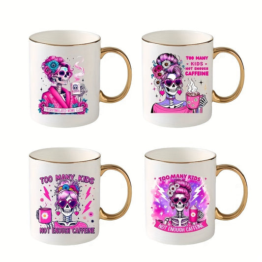 Conjunto de 4 canecas de café e bebidas com caveira rosa e adesivos decorativos faça você mesmo - Vidro transparente, à prova d'água, resistente a arranhões e óleo para várias superfícies